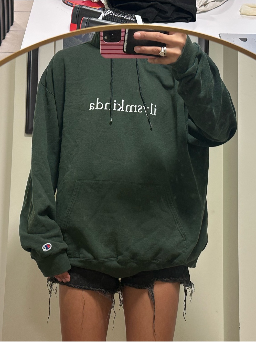 Champion Forest Green Crewneck Hoodie with White Script